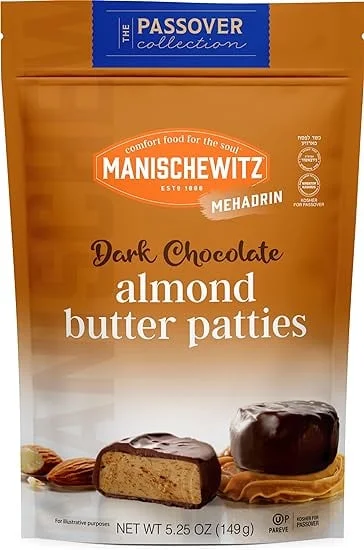 Manischewitz Mehadrin Dark Chocolate Real Almond Butter Patties 5oz, Gift Box, Heavenly Rich Chocolate wrapped around Smooth Creamy Almond Butter, Kosher for Passover, Dairy Free, Gluten Free