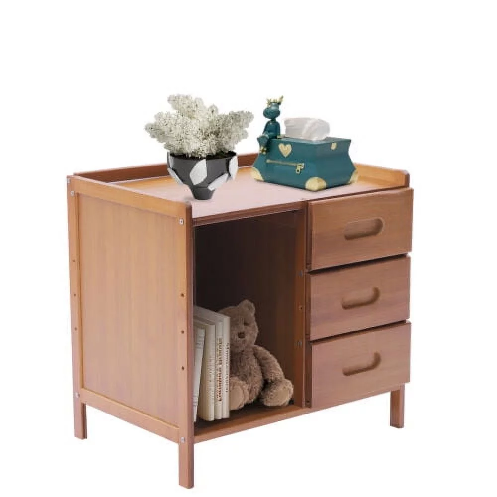 Bamboo Nightstand with 3 Drawers+Cabinet Large Capacity Bedside Table 42*30*40cm