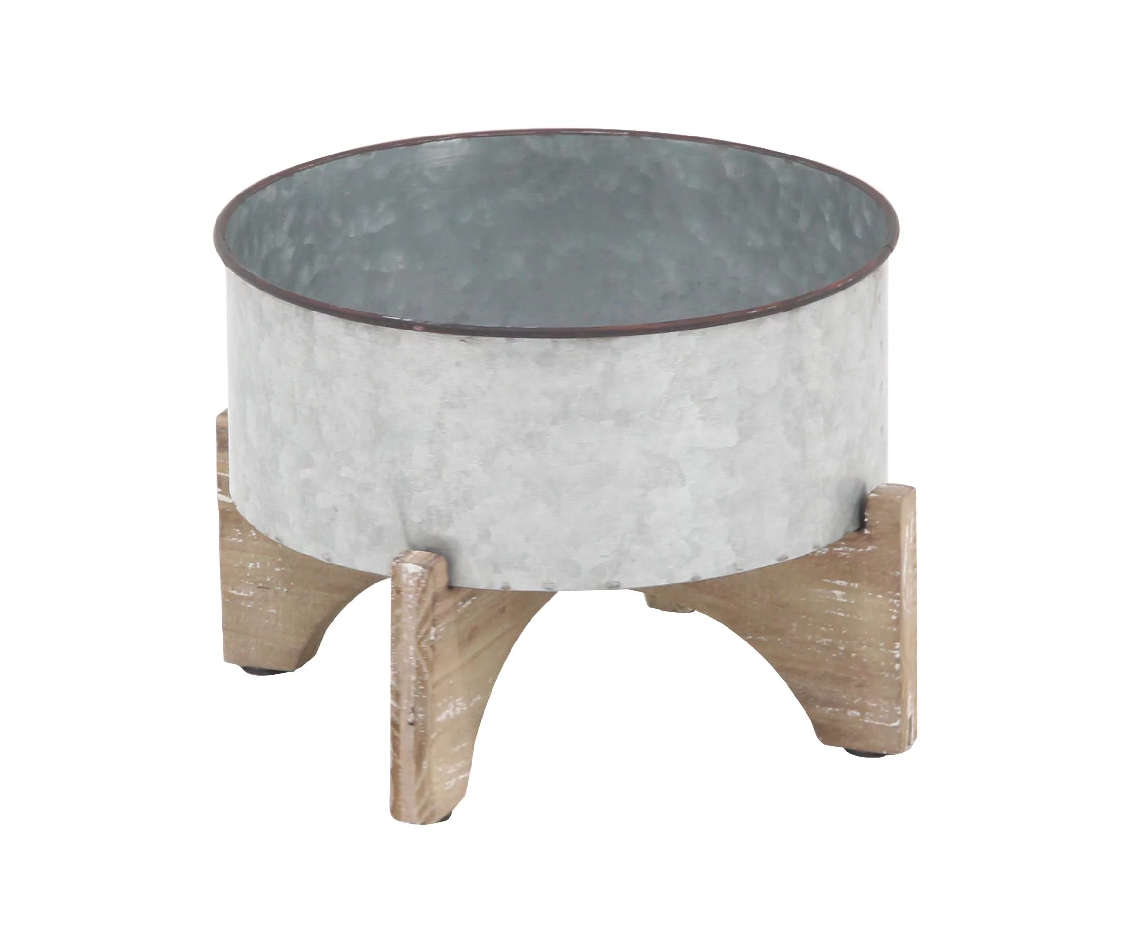 Decmode Set of 3 Farmhouse Round Iron Planters With Wooden Stands, Gray