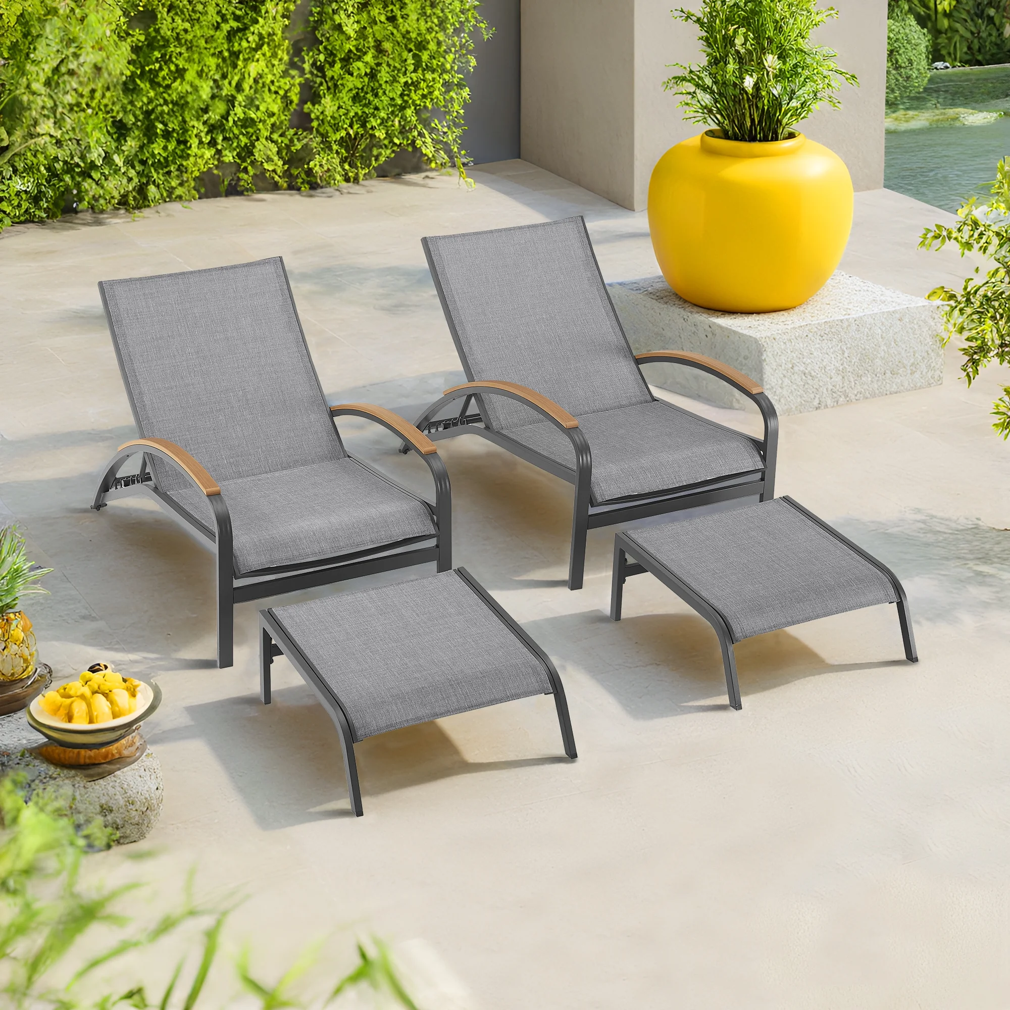 Ulax Furniture Aluminum Chaise Lounge Outdoor Adjustable Recliner Chairs with Wheels and Ottomans (Gray)