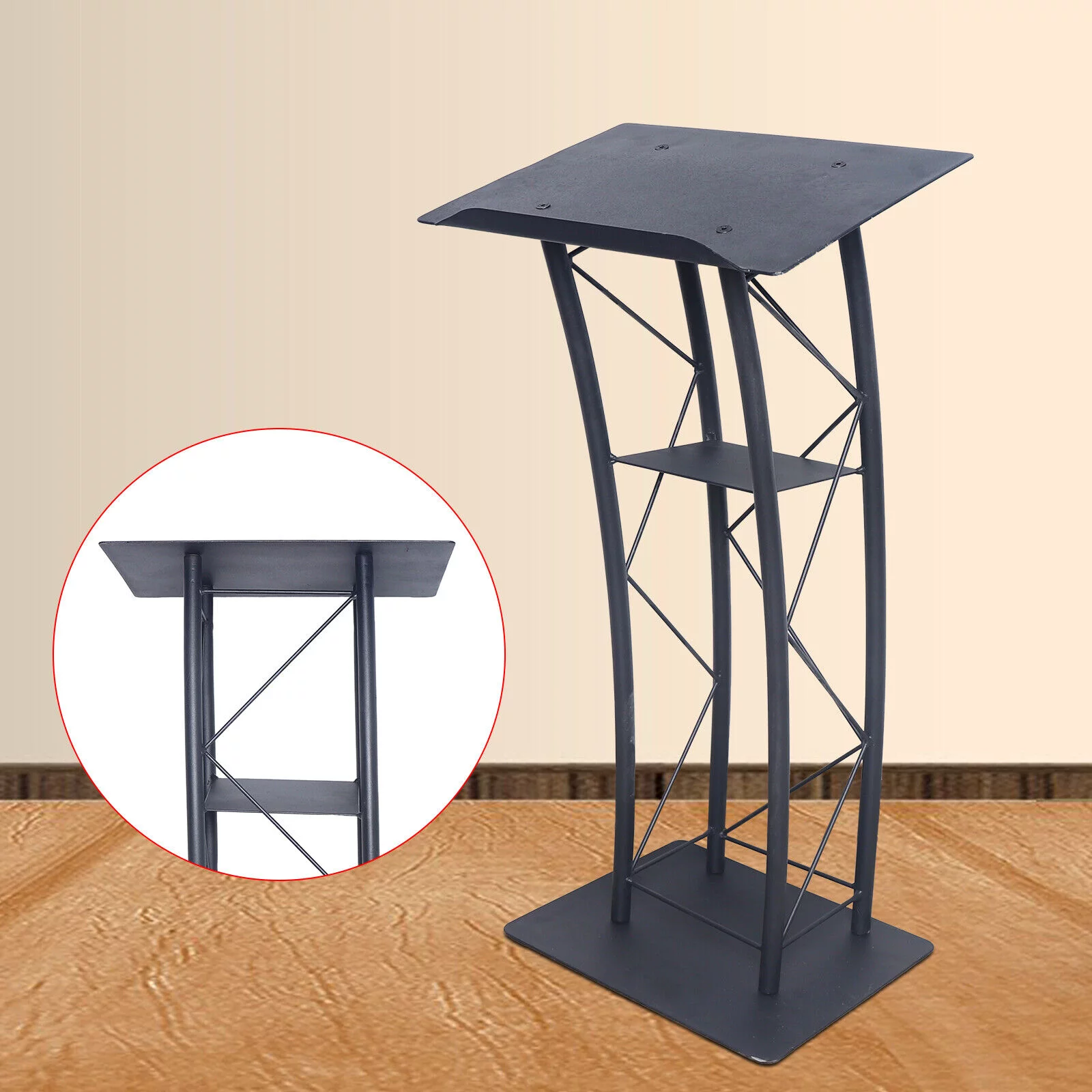 Lecture Speaking Stand Black Wrought Iron Curved Church Podium Truss Metal Wood Pulpit Presentation