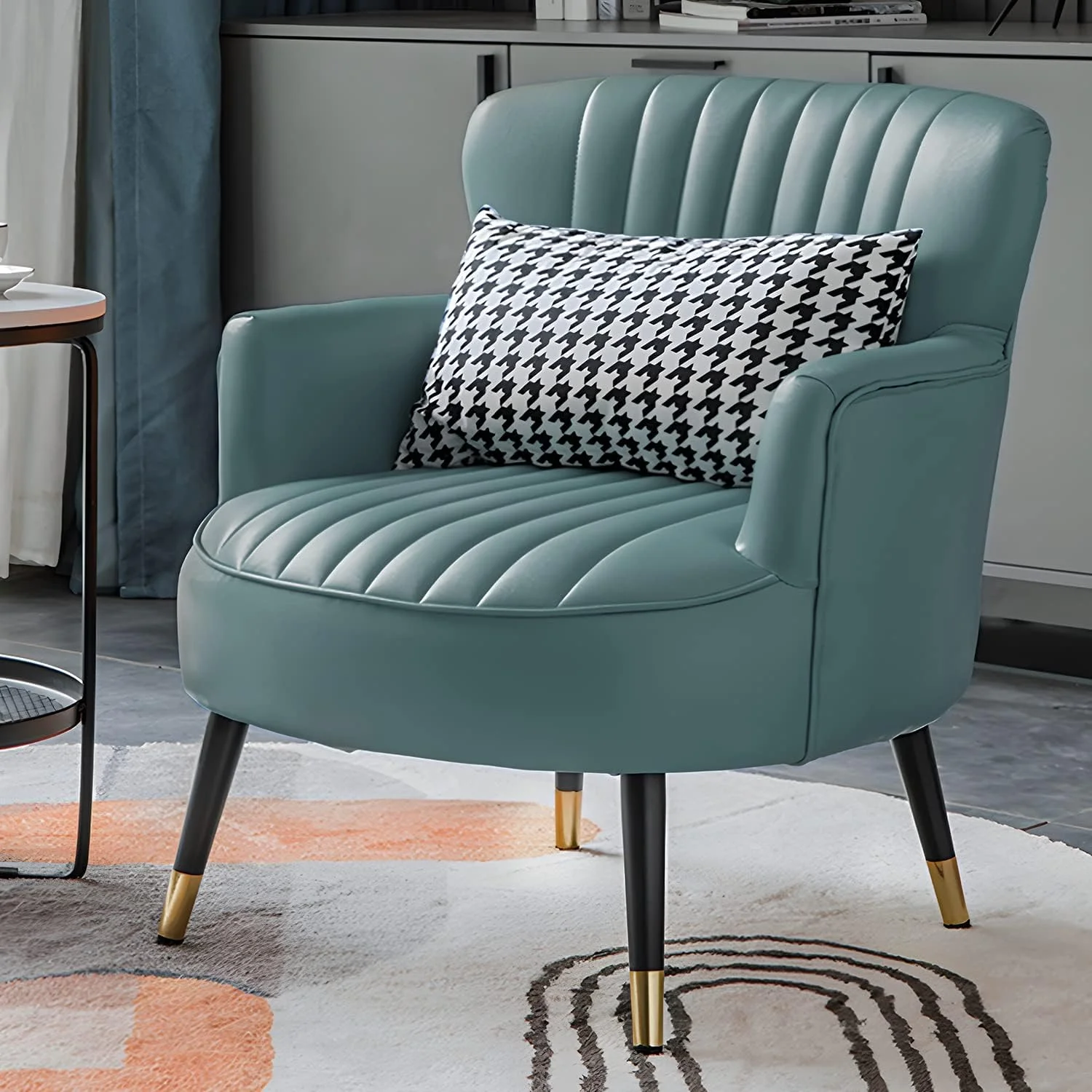 Accent Chairs For Bedroom, -Century Modern Accent Leatheraire Arm Chair For Living Room, Upholstered Comfy Reading Chair Single Sofa Chair With Lumbar Pillow And Metal Legs, Cadetblue