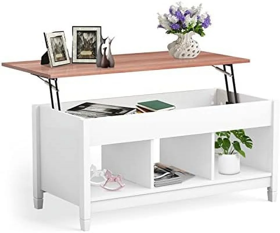 SJOPLMN Lift Top Coffee Table with Hidden   Rectangular Sofa Tea Table with Solid Wood Legs  Industrial Center Table  for Living Room Reception Room (Rustic Brown)