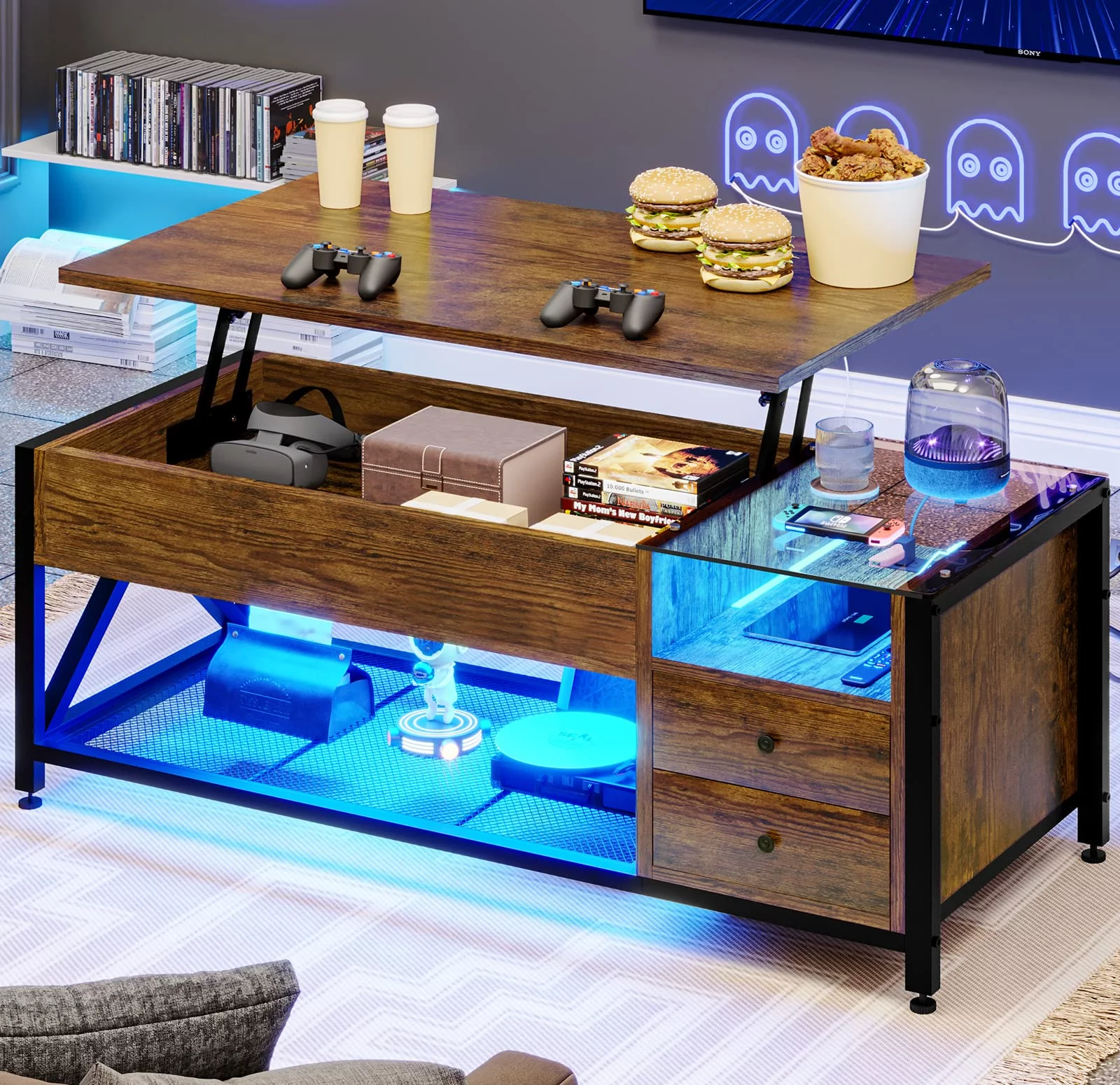 Lift Top Coffee Table with Power Outlets & LED Strip, 43.3” Coffee Table with Glass for Living Room, Rustic Brown