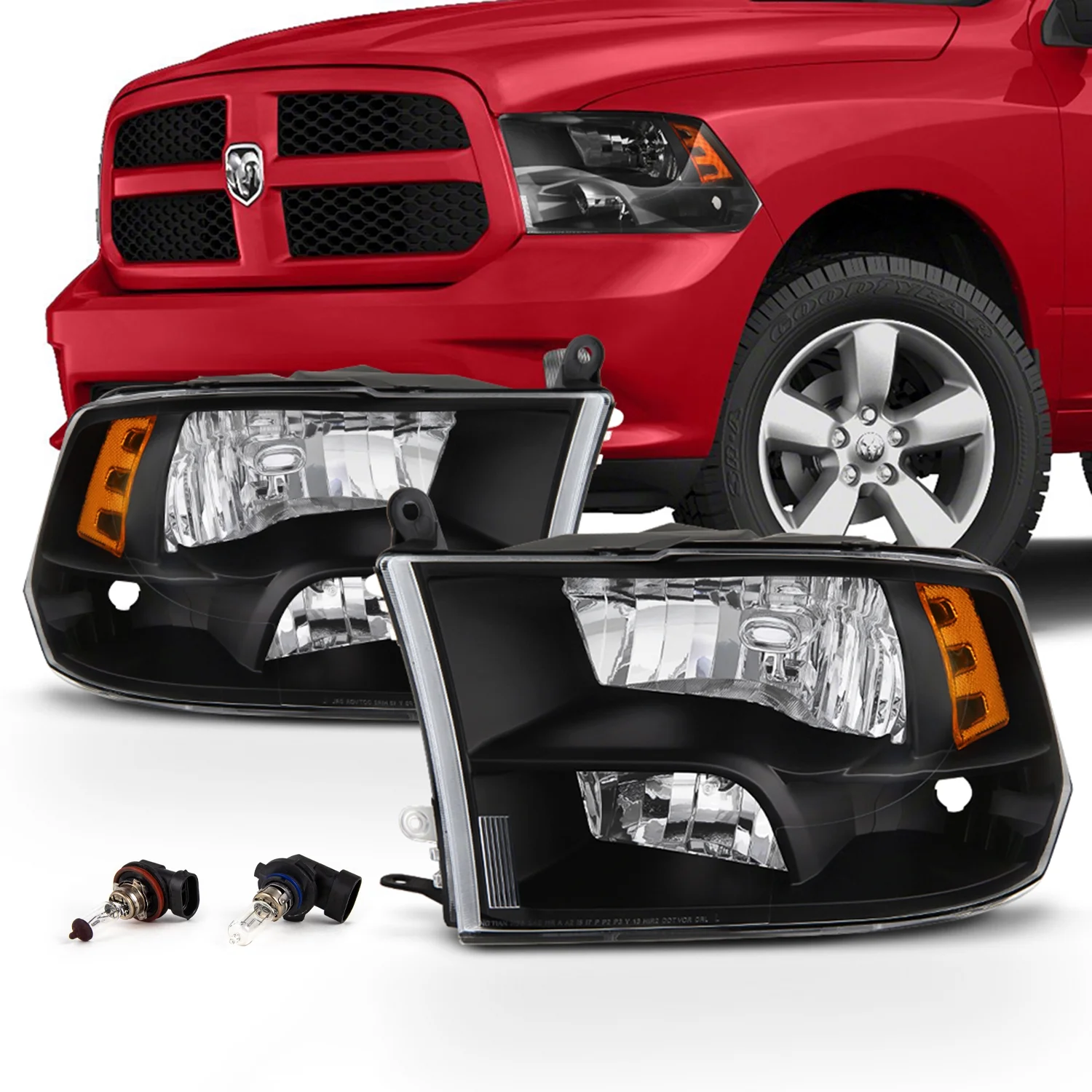 AKKON - For [Quad Style] 2009-2018 Dodge Ram 1500 | 10-18 Ram 2500/3500 Black Headlight Driver + Passenger Side