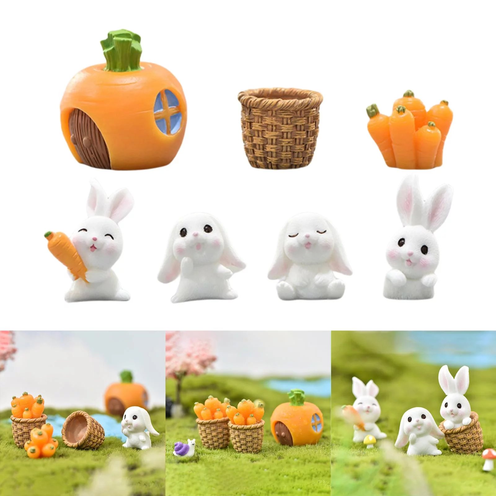 7Pcs Adorable Fairy Garden Statues Bunny Figurine Miniature Sculpture Carro Small Animals for DIY Projects Desktop Shelf Fairy Garden Decor