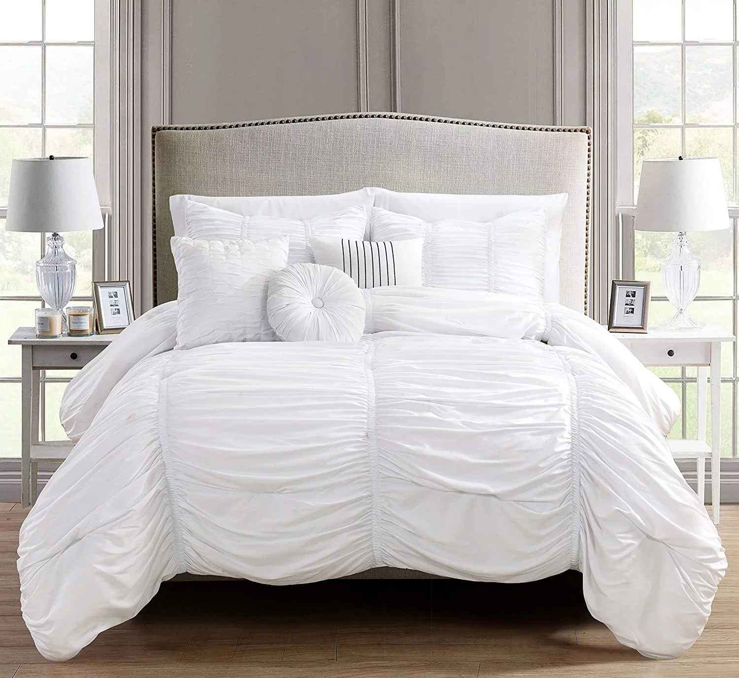 YANRUI Luxury Best, Softest, Coziest 10-Piece Bed-in-a-Bag Pleated Comforter Set, Ruched Ruffle Comforter Set Includes Bed Sheet Set with Double Sided Storage Pockets, Full/Queen, White