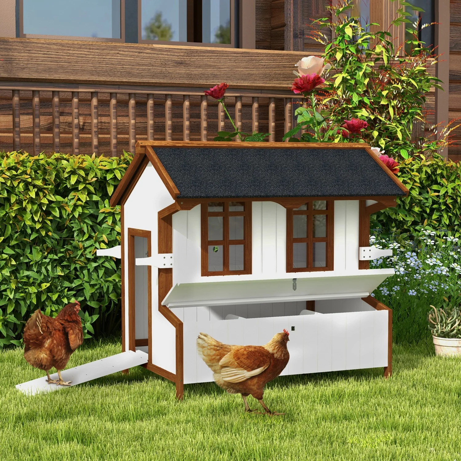 JHOOTUUO 47”  Coop Wooden  House Rabbit Hutch Raised Poultry Cage Portable Hen Pen Backyard with Nesting Box and Handles
