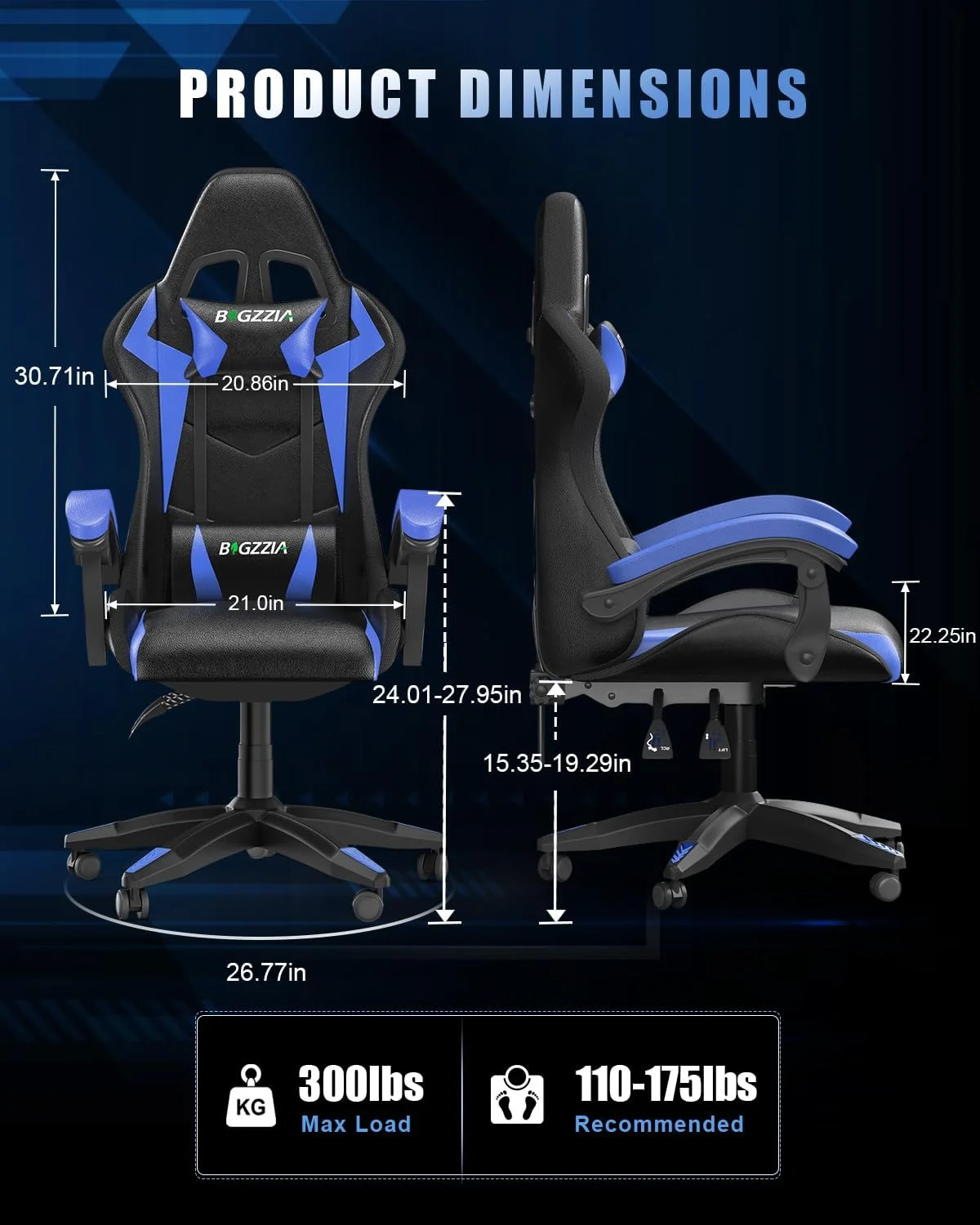 Bigzzia RGB Gaming Chair with LED Lights and Ergonomic Gaming Chair Reclining PU Leather High Back Game Chair with Headrest Adjustable Lumbar Support Linkage Armrest for Adults (Black/Blue)