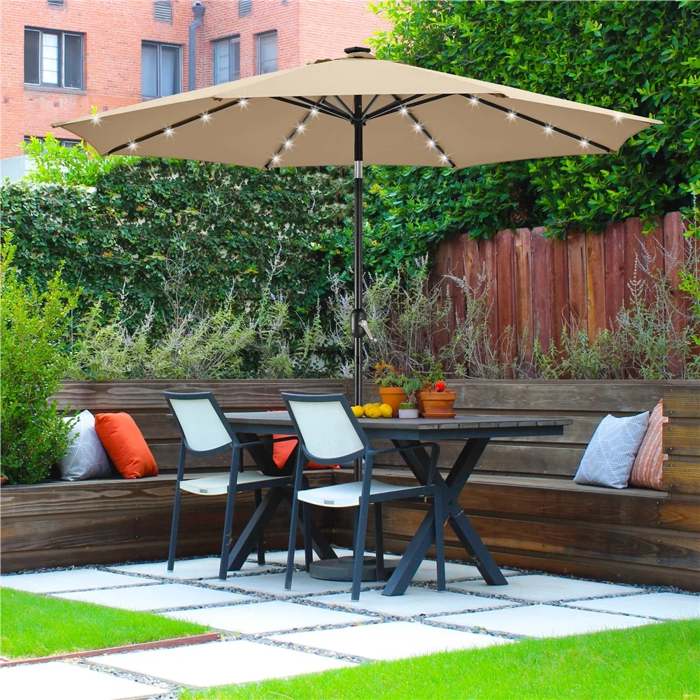 Topeakmart 10FT Patio Umbrella with 32 Solar LED Lights Tilt and Crank for Outdoor, Tan