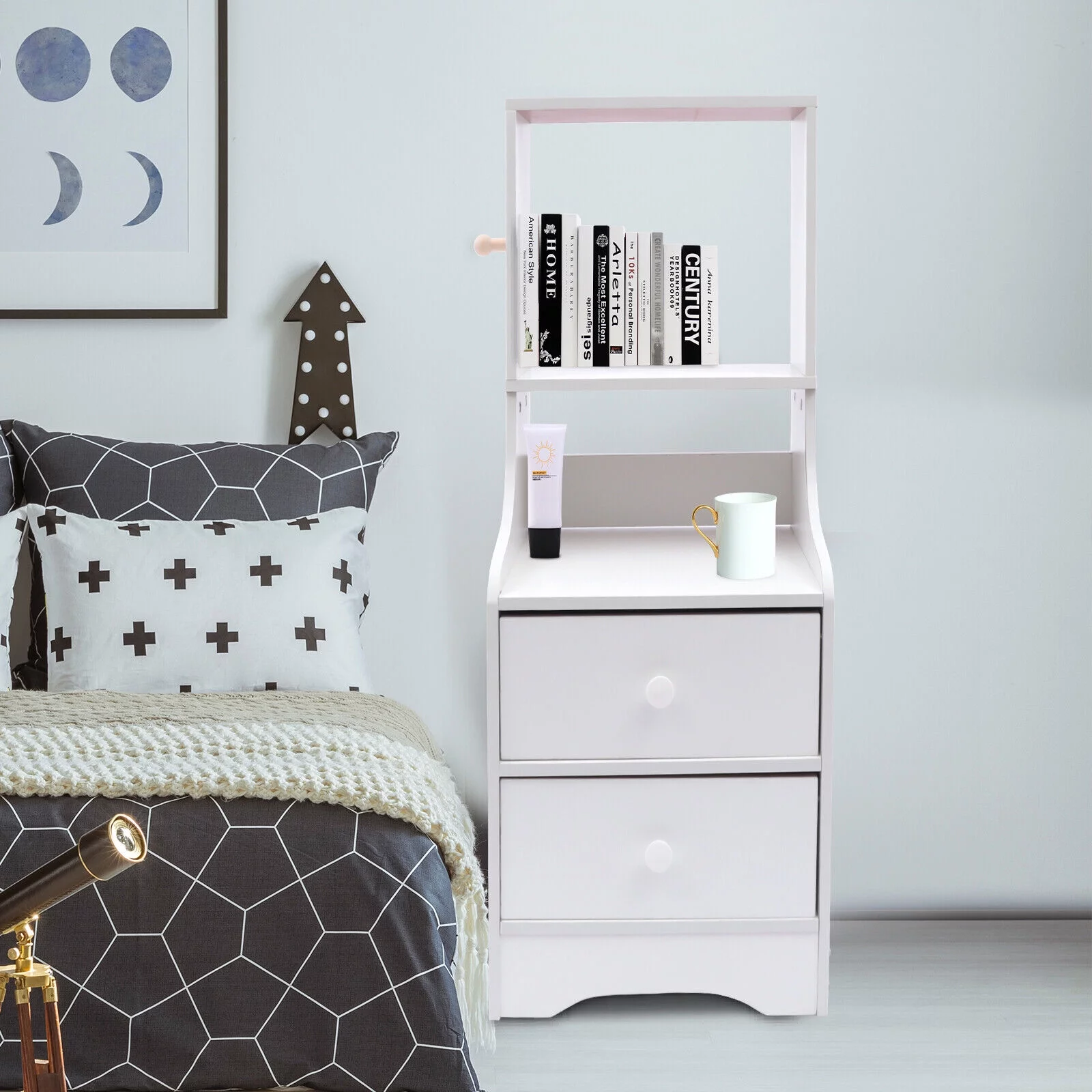 2 Drawers Bedside Organizer Wood End Table Nightstand Storage White MDF