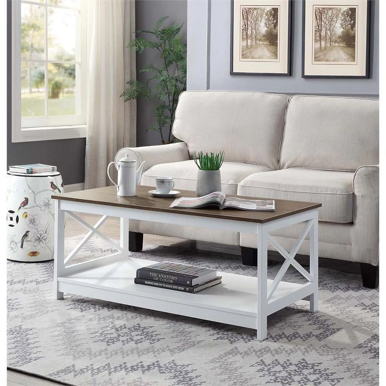 Pemberly Row Coffee Table In White/Driftwood Brown Wood Finish