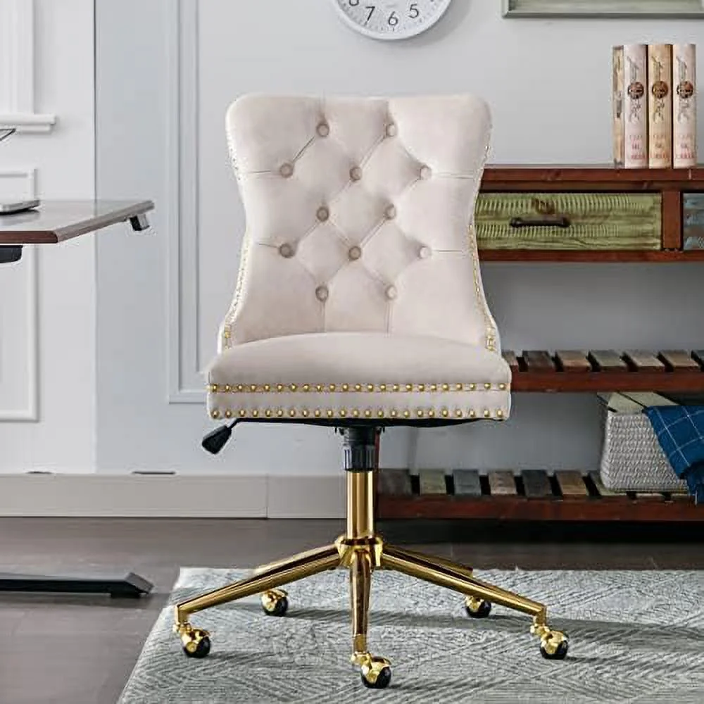 JYHOME Desk Chair Modern Velvet Fabric Office Chair ° Swivel Height Adjustable Comfy Upholstered Tufted Accent Chair with Soft Thick Cushion  Grey