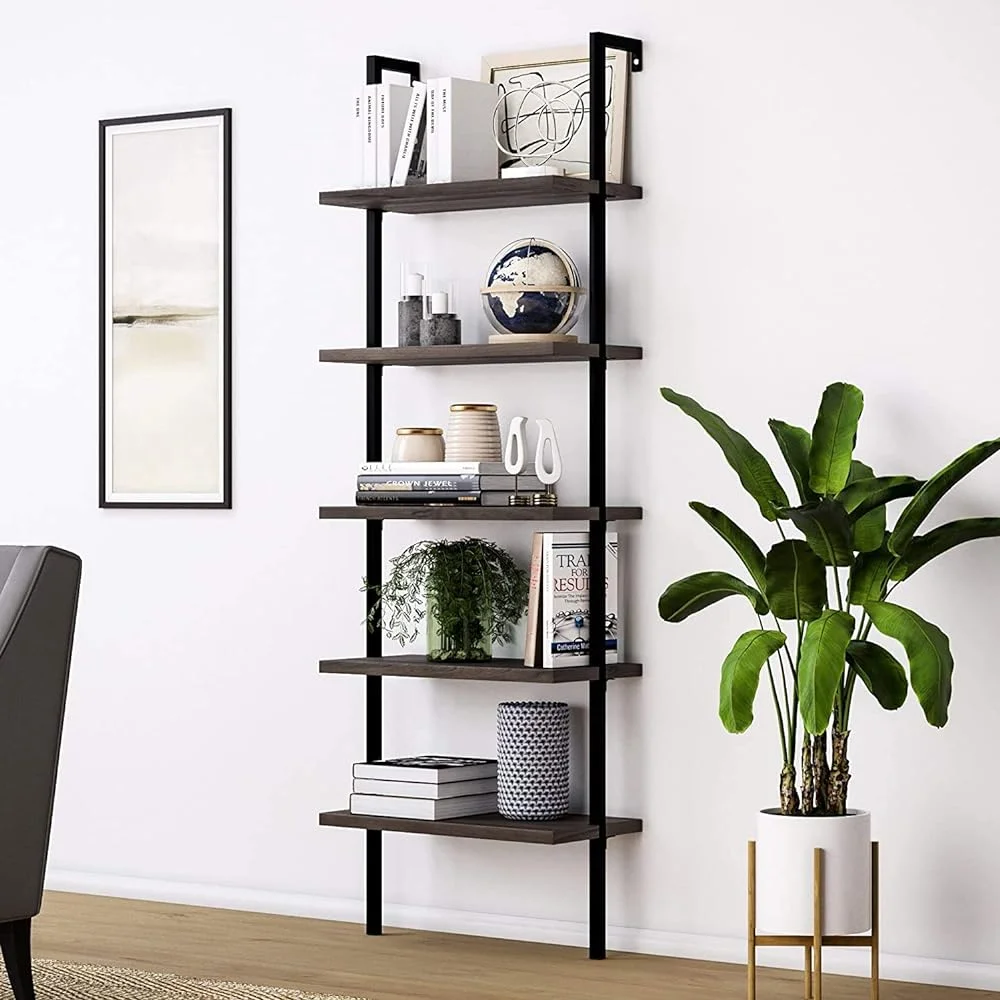 CHDEUSL 5-Tier Open Wall-Mounted Bookshelf with Metal Frame - Industrial Modern Ladder  - Floating Bookcase Organizer - Hanging  Rack Shelves for Home and Office -