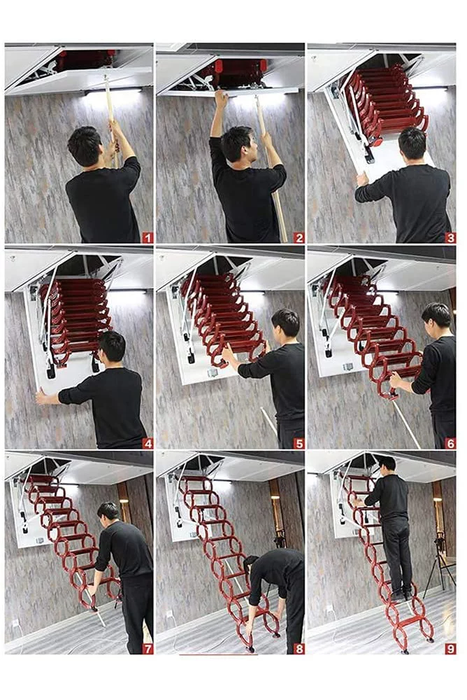 INTSUPERMAI Ceiling Pulldown Attic Folding Ladder 12 Steps 9.8ft Height Red Titanium Magnesium Alloy