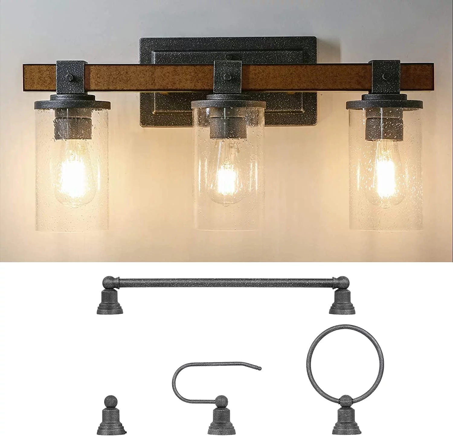 3-Light Farmhouse Vanity Light, 5-Piece All-in-One Bathroom Set (E26 Bulb Base), Light Fixture with Seeded Glass Shades, Faux Wood Metal Wall Sconce for Bathroom, Kitchen, Powder Room