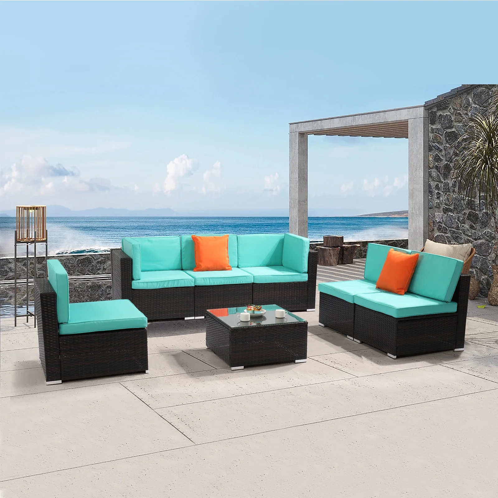 BAYUELSWU Patio Furniture Set 7 Pieces Rattan Wicker Sofa Set Outdoor Sectional Furniture Outdoor Dining Set All Weather Couch Conversation Sets w/Thick Cushions, Glass Coffee Table & 2 x Hold Pillow
