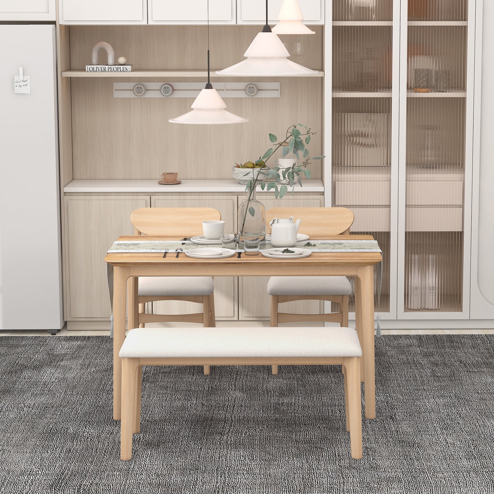 Churanty Dining Table Set for 4 Wooden Rectangular Kitchen Table with 2 Chairs and 1 Bench for Small Space,Natural Wood Wash