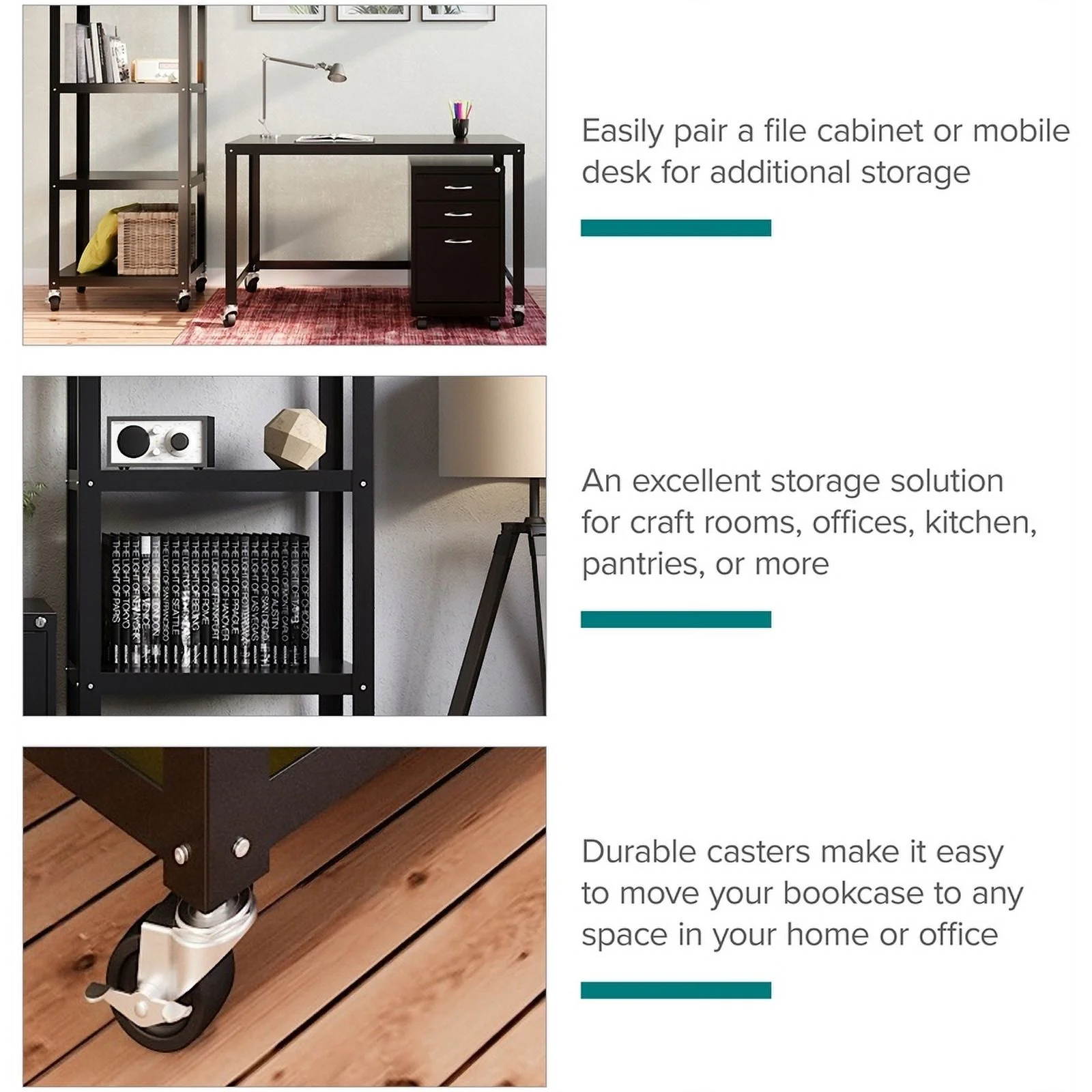 Pemberly Row 5-Shelf Steel Metal High Mobile Bookcase in Black