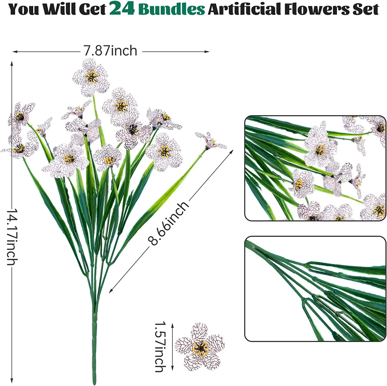 24 Bundles Artificial Flowers for Outdoors, UV Resistant Faux Plastic Flowers Plants for Indoor Outside Window Box Hanging Planter Decoration (White)