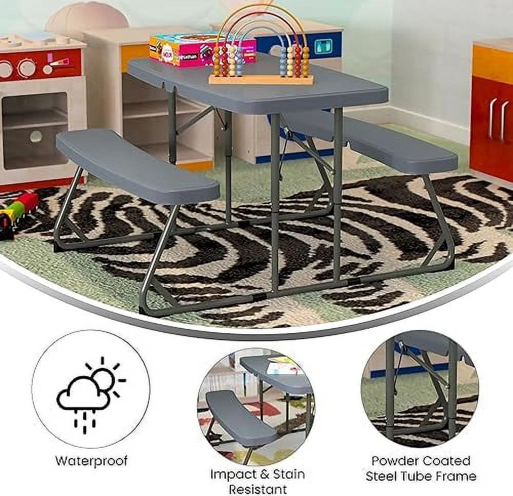 TJCGDTY Aryka Kid's Gray Easy Fold Waterproof  Stain and Impact Resistant Plastic Picnic Table with  and Gray Steel Tube Frame