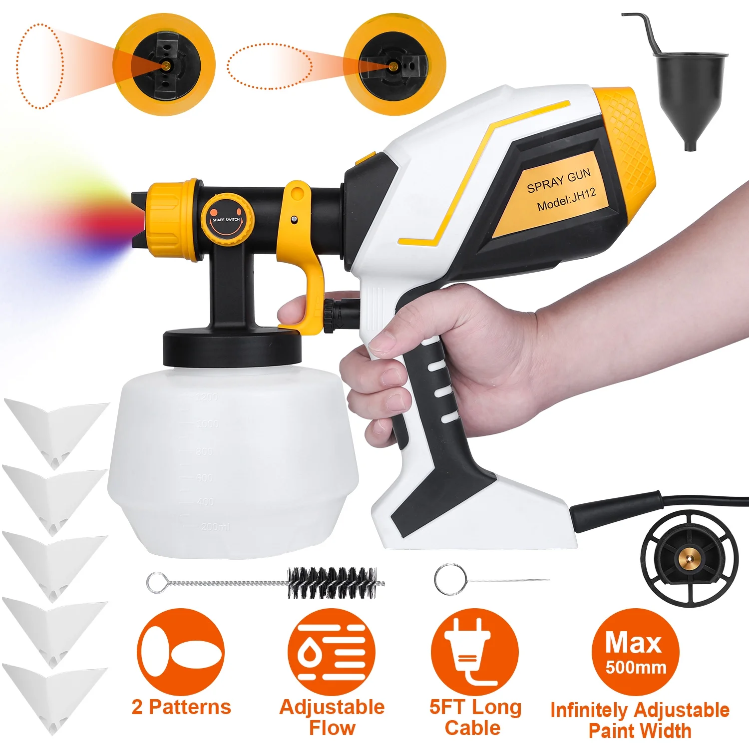 iMounTEK 550W Electric Paint Sprayer HVLP Spray Painting Gun Handheld Painter with Different Spray Patterns 1200ML Detachable Container Flow Length Width Adjustable