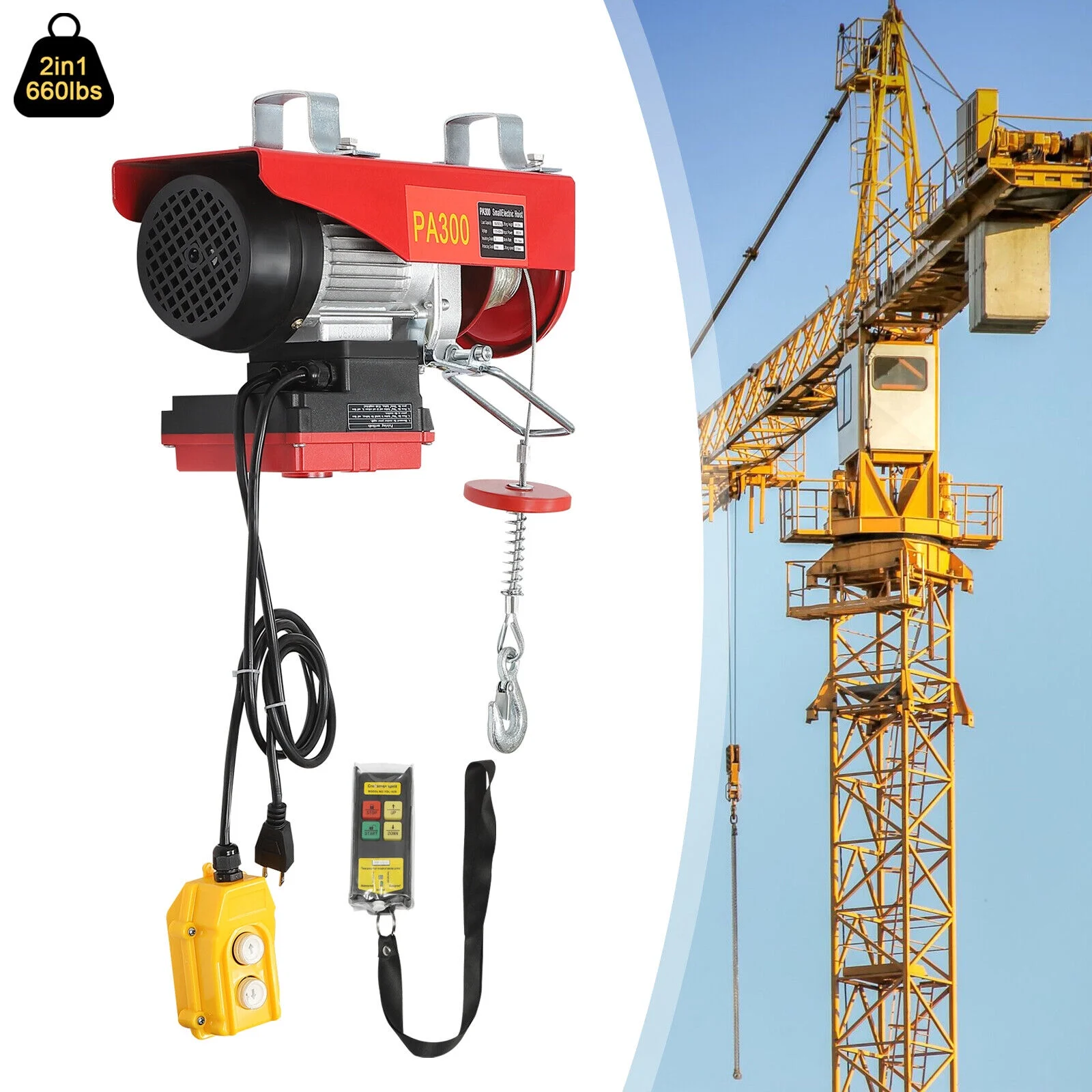 Wireless 2in1 Electric Hoist with 660 LBS Capacity - Remote Control & Single/Double Slings - Steel Electric Winch - 110V Electric Lift for Factories, Warehouses, Construction Sites