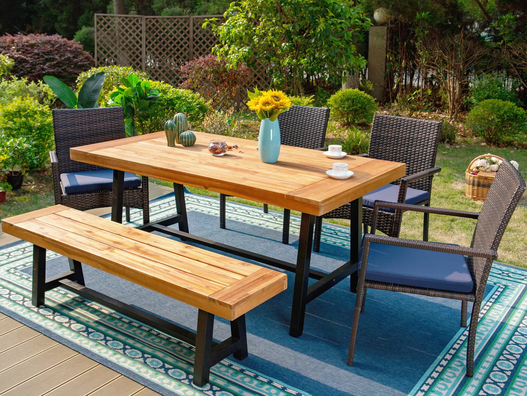 MF Studio 6 Pieces Outdoor Patio Dining Set, 4 Cushioned Wicker Chairs & 1 Acacia Wood Table & 1 Wooden Bench for Yard Porch, Balcony, Indoor