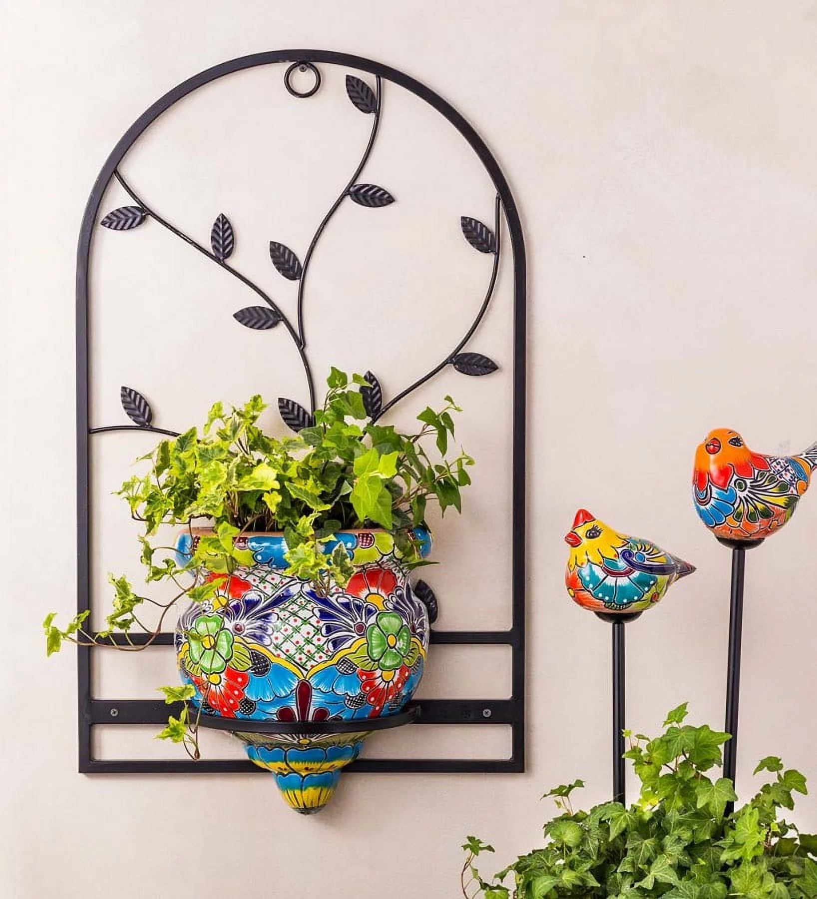 Wind & Weather Handcrafted Talavera-Style Terra Cotta Flat-Backed Wall Planter with Wrought Iron Hanger