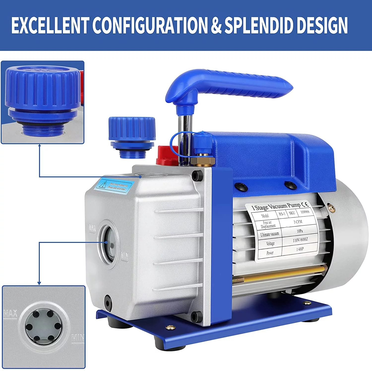 3CFM 1/4 hp Deep HVAC AC Vacuum Pump Refrigerant Conditioning Rotary Vane Hose