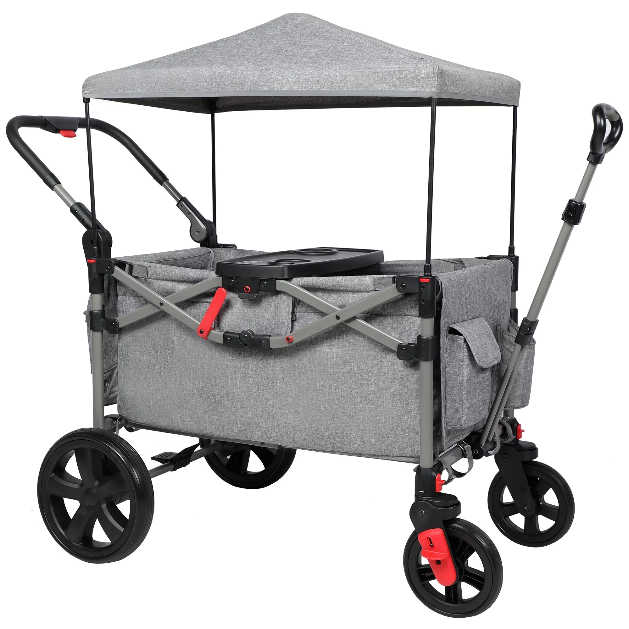 EVER ADVANCED Foldable Pull & Push Wagon Stroller with Adjustable Handle Bar for Two Kids, Removable Canopy with 5-Point Harness，Ages 2- 7 years