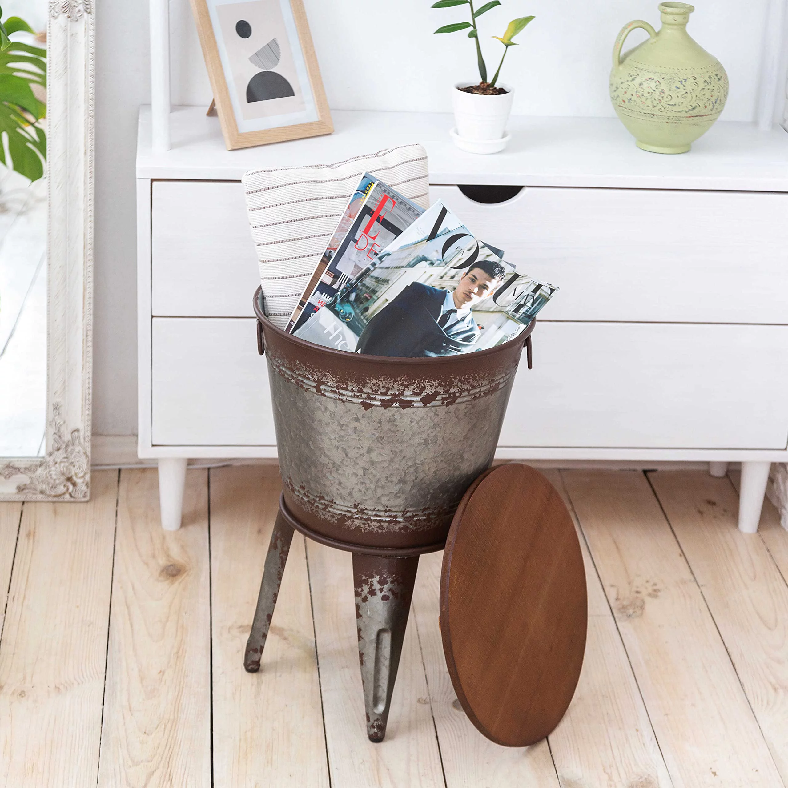 Hallops Farmhouse Accent Size Table Galvanized Rustic Coffee Table Metal Storage Round