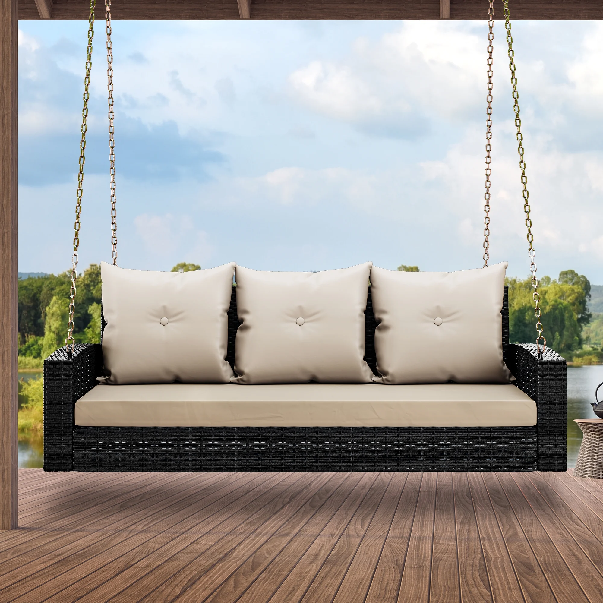 Dextrus Three-Seater Outdoor Hanging Porch Swing Chair - Black Rattan Patio Swing Wicker - Lounge with 3 Back Cushions - Ideal for Garden, Balcony, Deck