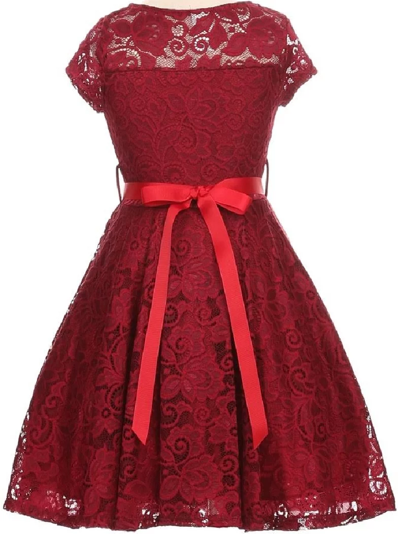 Lovely Floral Lace Rhinestones Skater Party Easter Flower Girl Dress for Big Girl Burgundy 12 JK19.88S BNY Corner