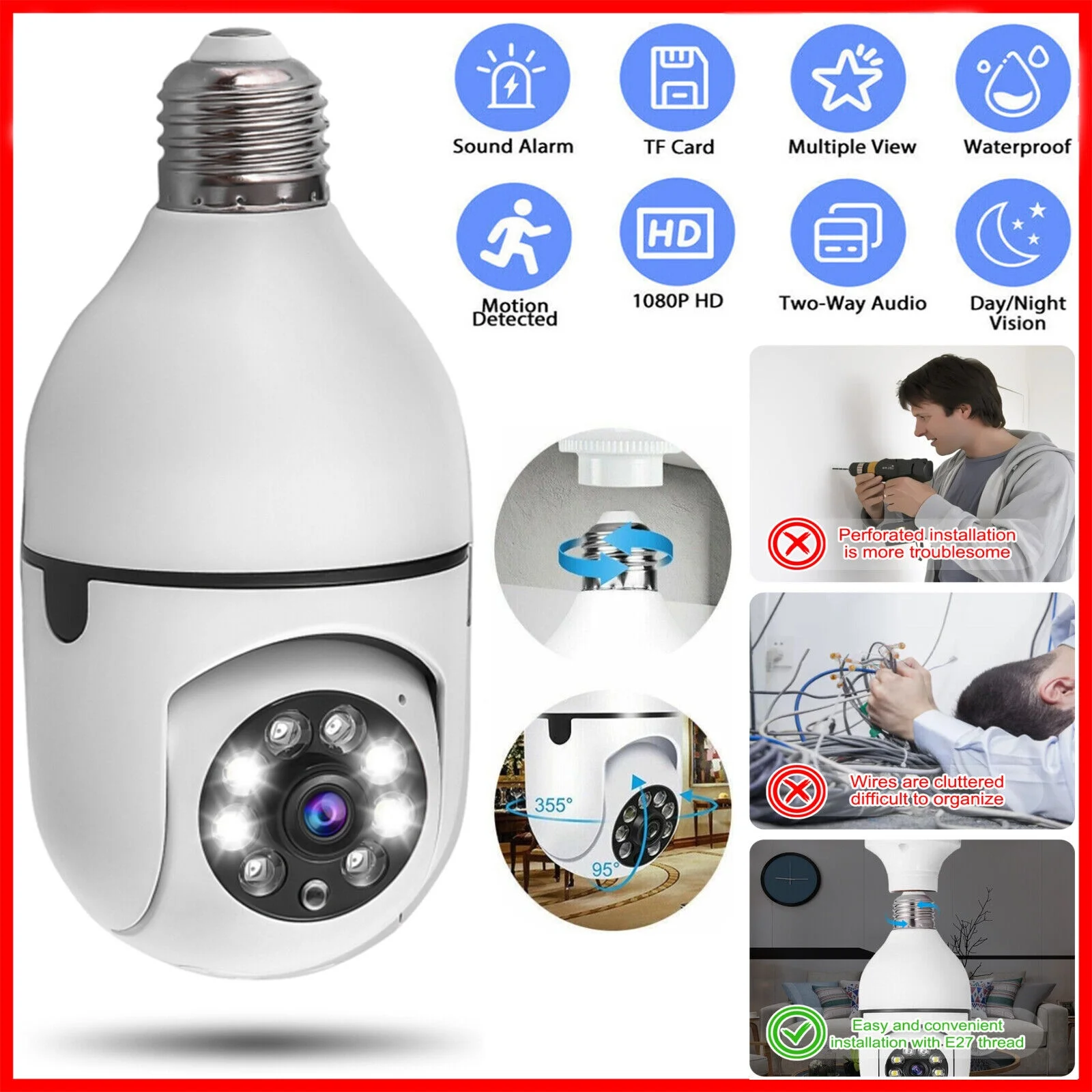 360° Light Bulb Camera, 1080P Wireless Home Security Camera, Outdoor Surveillance Camera with Light Bulb