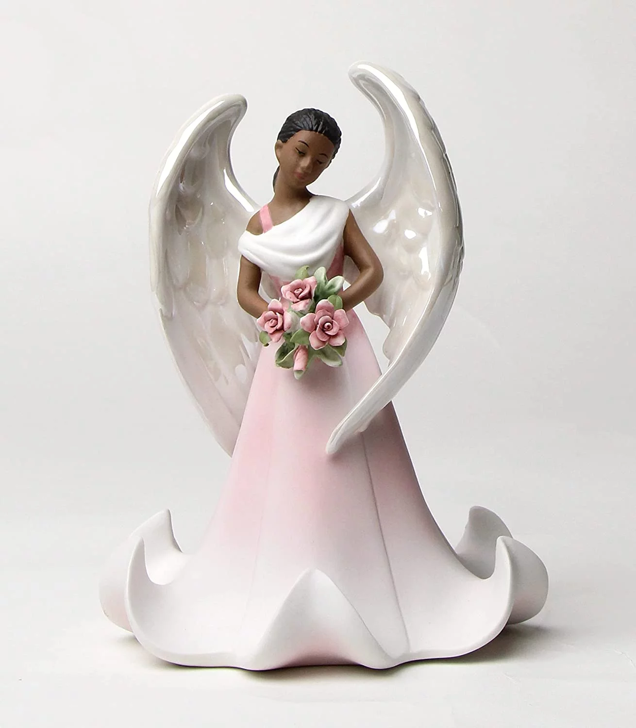 Fine Porcelain African American Black Rose Garden Angel Holding Pink Rose Flowers Figurine, 6-5/8 H Pink, Brown, White, Yellow, Green