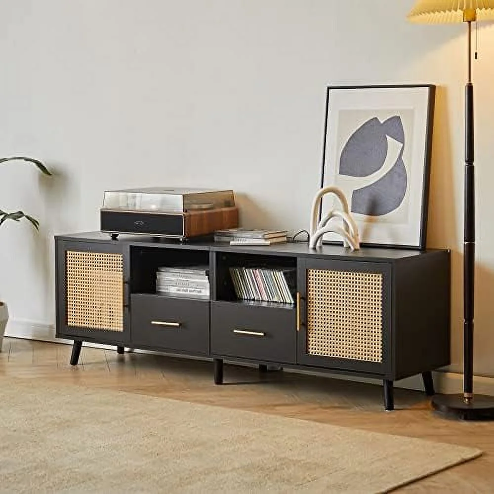 GVJMTKP TV Stand for 70 Inch TV - Modern Wood Rattan Media Console with Charging Station Light Strip  Entertainment Cabinet Accents   with 2 Drawers for Living Room  Black