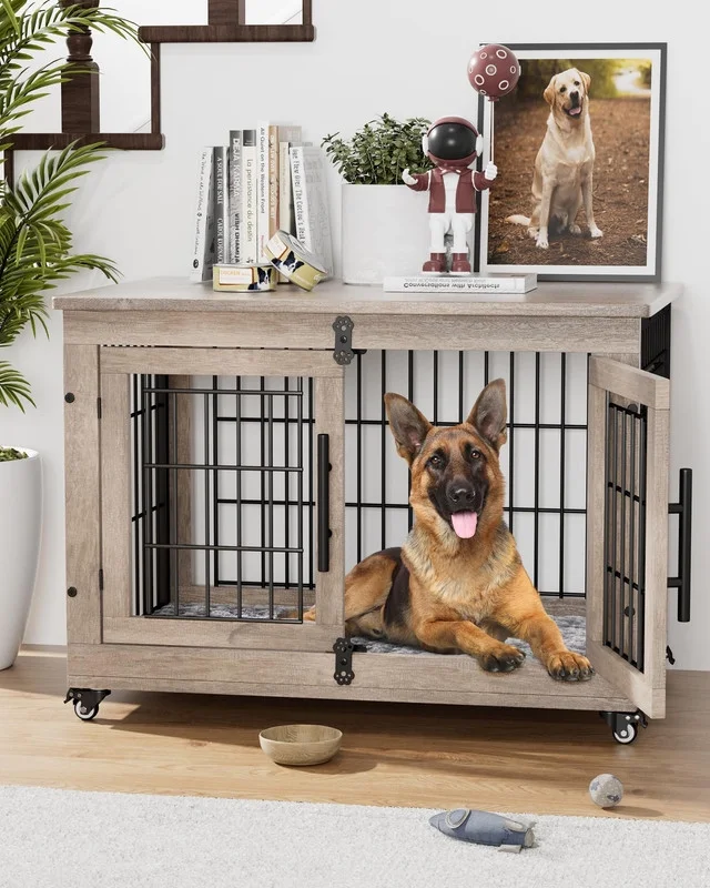 Dog Crate Furniture with Cushion, Wooden Dog Kennel with Double Doors, Heavy Duty Dog Cage End Table with Wheels, Dog House Indoor for Small Medium Dogs up to 45 lb, 32.5” L, Grey