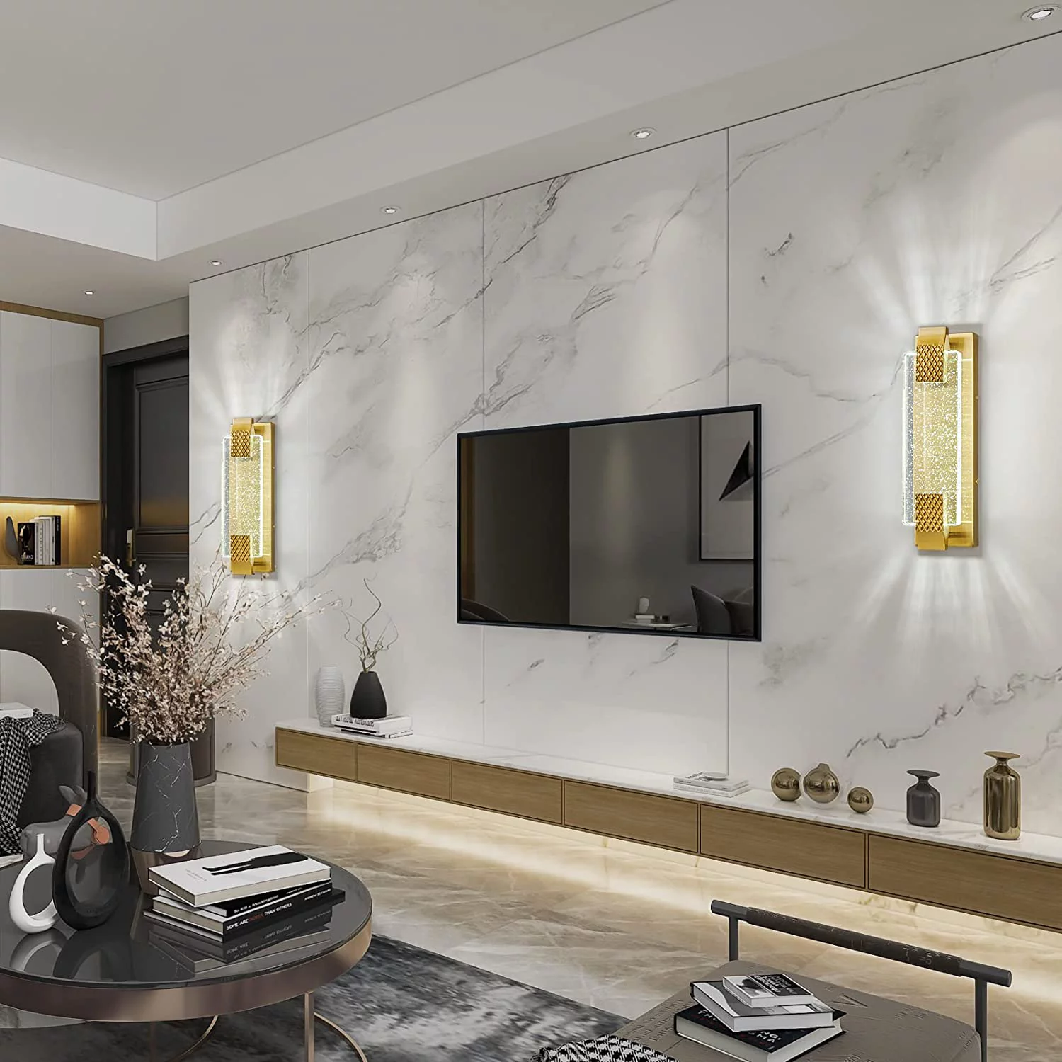 Modern Crystal Wall Sconce Lighting with Bubble Crystal Bathroom Light Fixture 15.15in Gold LED Vanity Lights for Bathroom Hallway Bedroom Living Room Sconces Wall (1 Pack)