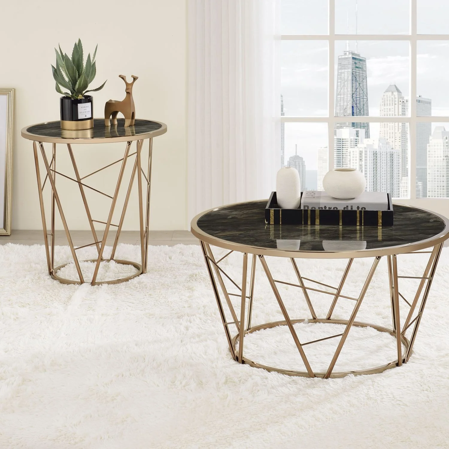 Elegant ACME Cicatrix End Table with Faux Black Marble Glass Top and Stunning Champagne Finish - Model 83302