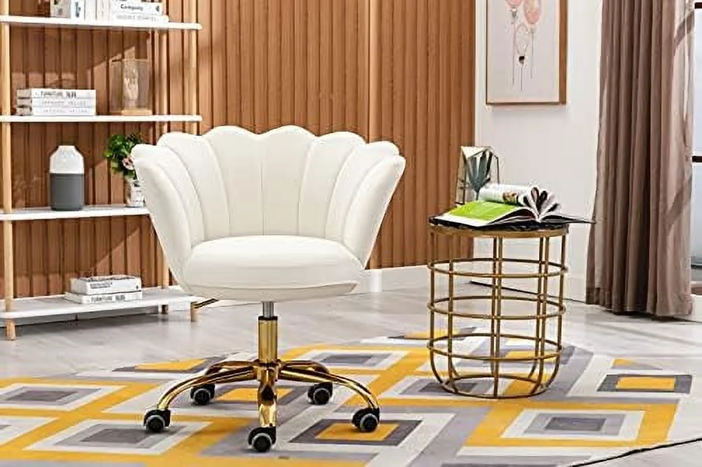 TJCGDTY Comfy Home Office Task Chair with Wheels  Cute Modern Upholstered Velvet Seashell Back Adjustable Swivel Vanity Desk Chair  for Women  for   for Girls  Living Room  Bedroom (White