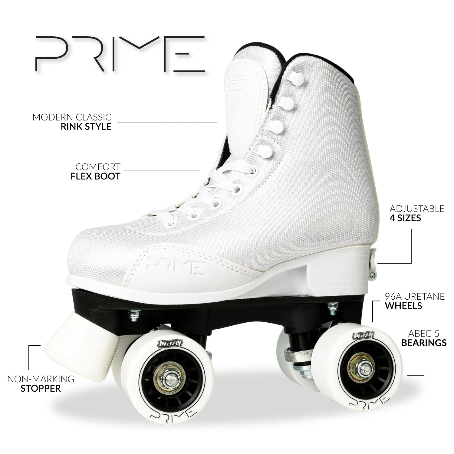 Crazy Skates Prime Roller Skates - Size adjustable Quad Skates for Men and Women
