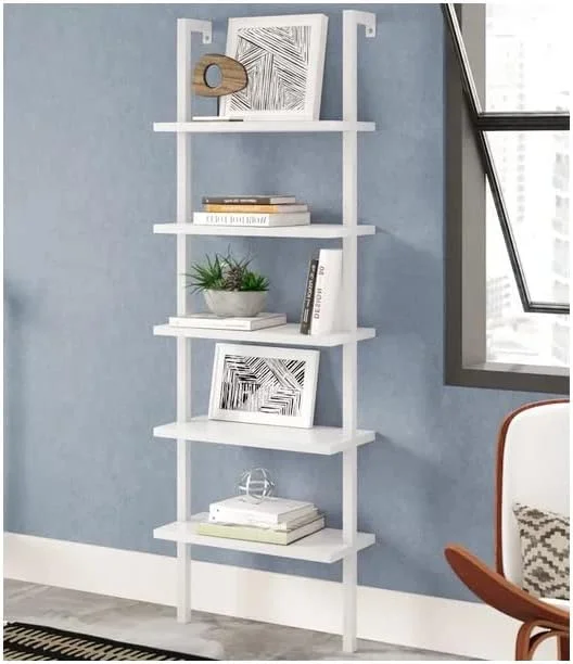 U-ToBe  Ladder Shelf 5 Tier Wall Mounted Bookcase with Metal Frame, Open Design Shelves for Living Room, Bedroom, Home, Office