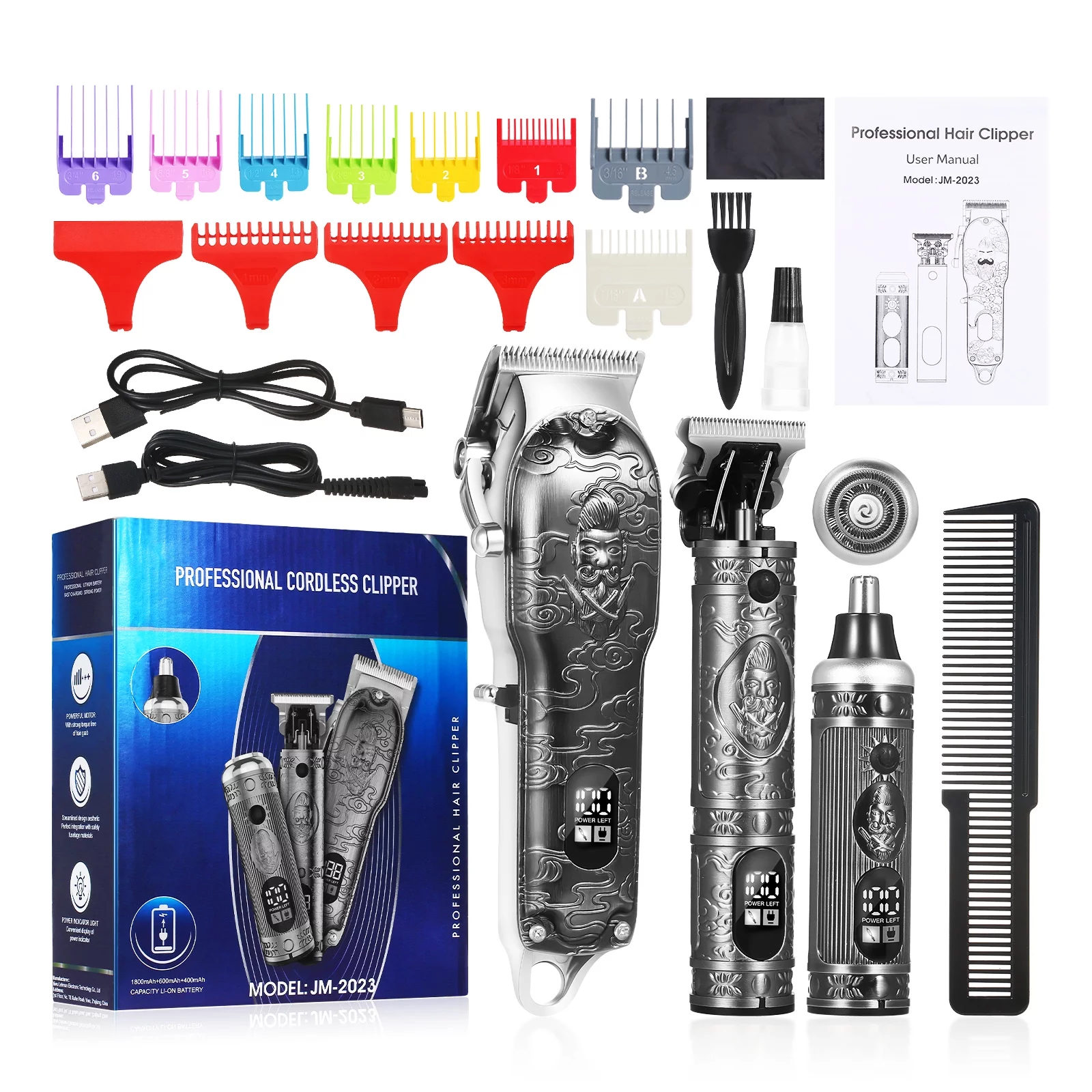Bestauty 3 in 1 Full Metal Oil Head Hair Clippers Digital Display Electric Hair Trimmer Sculpting Pusher Nose Hair Set