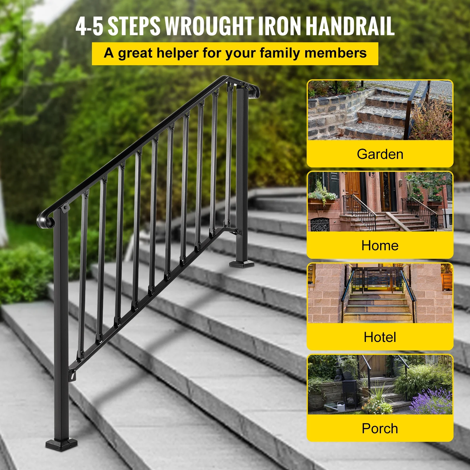 SKYSHALO Handrail Picket #4 Fits 4 or 5 steps Matte Black Stair Rail Wrought Iron Handrail with Installation Kit Hand Rails for Outdoor Steps