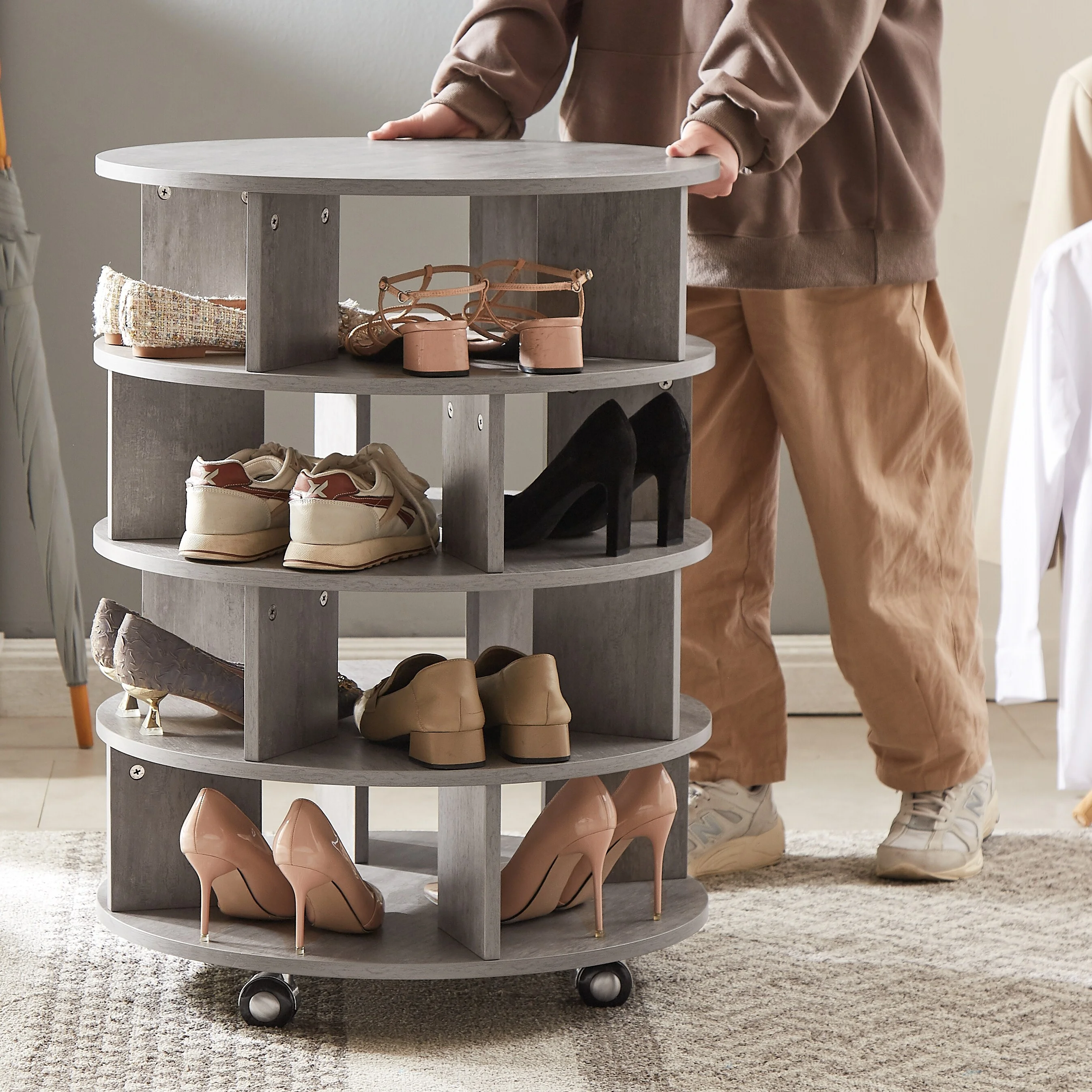 4-Tier 16 Pair Round Shoe Rack Storage Organizer With Wheel... White