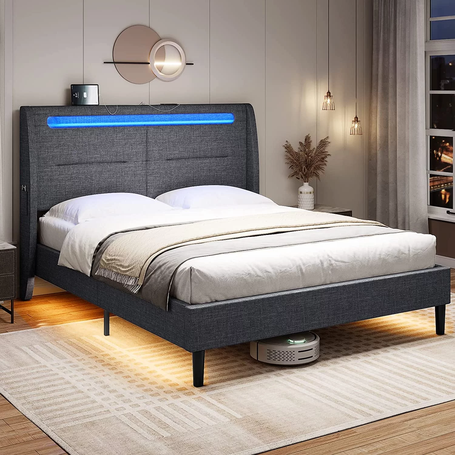 DICTAC Full LED Bed Frame with Headboard and USB Ports Modern Upholstered Platform Bed Frame with LED Sensor Lights Motion Activated Night Light Bed,Solid Wood Slats, No Box Spring Needed, Dark Grey