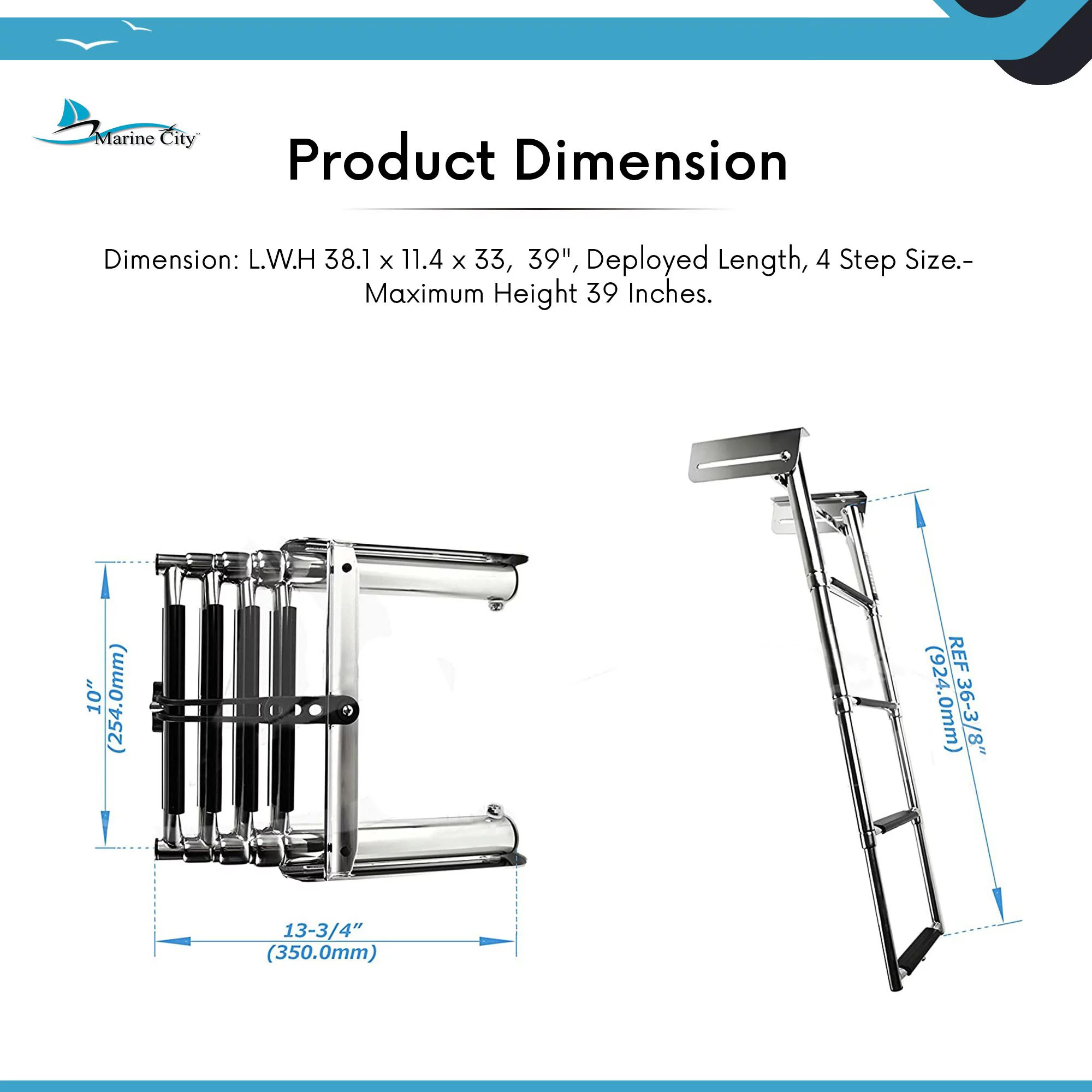 Marine City Stainless Steel Marine 4-Step Telescoping Swim Ladder & Rubber Strap
