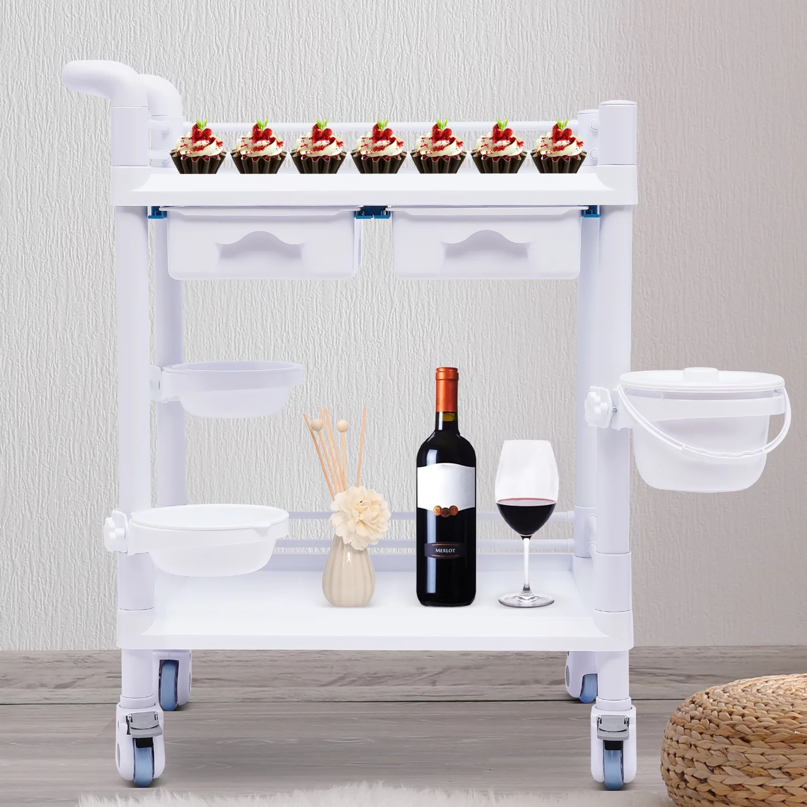 Aiqidi 2 Tier Utility Cart Salon Spa Beauty Trolley Cart Heavy Duty Mobile Rolling Medical Trolley Dental Lab Serving Cart White