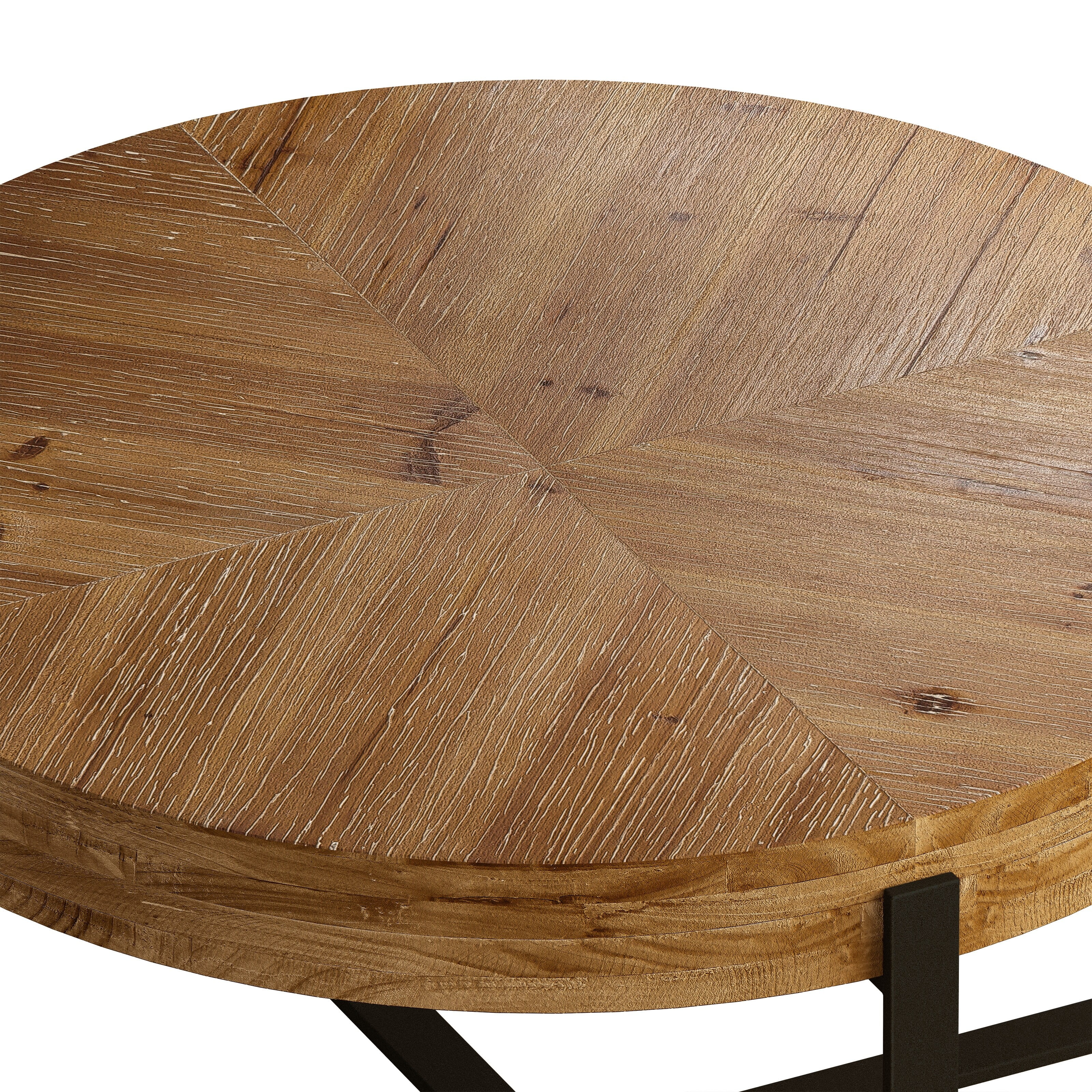 Modern Retro Splicing Round Coffee Table,with Cross Legs Metal Base Natural+Black-33.86